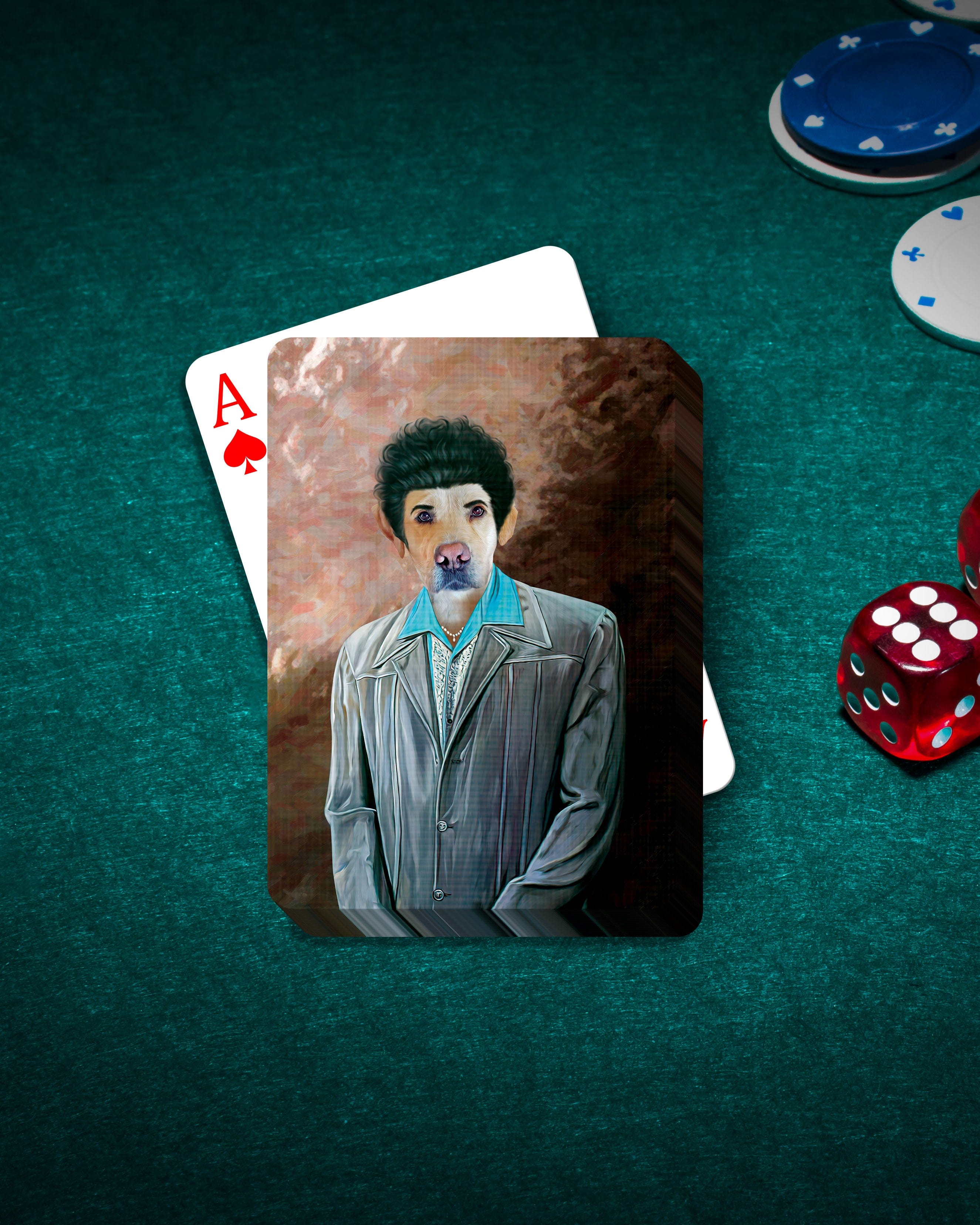 Custom personalized playing card featuring a dog's face on a human body in a "Kramer" style portrait.