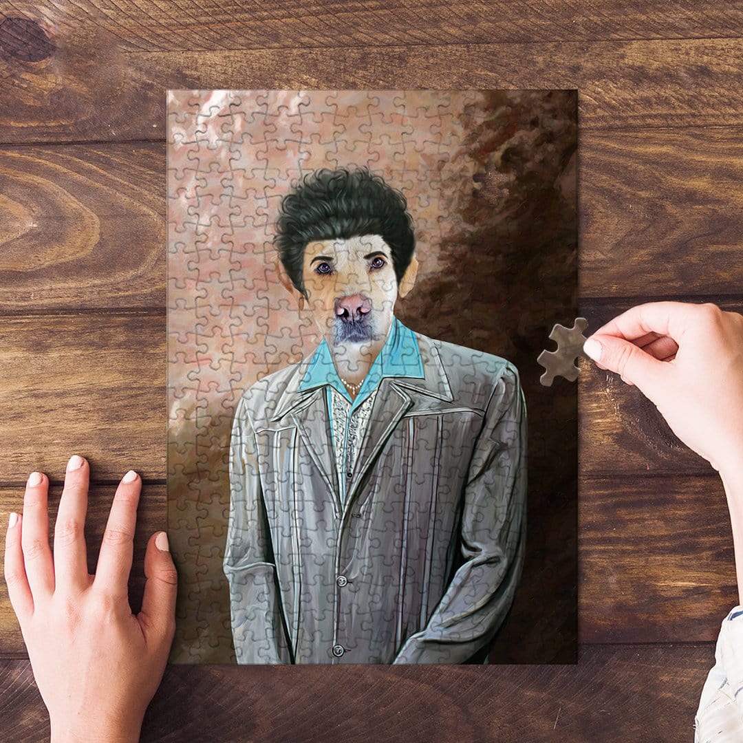 Personalized pet puzzle featuring a dog's head on a "Kramer" style portrait, with hands assembling it.