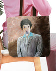 Personalized pet portrait tote bag featuring a dog in a "Kramer" style outfit.