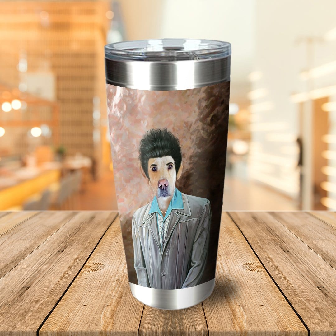Personalized stainless steel tumbler with a custom renaissance-style portrait of a dog as 'The Kramer'.