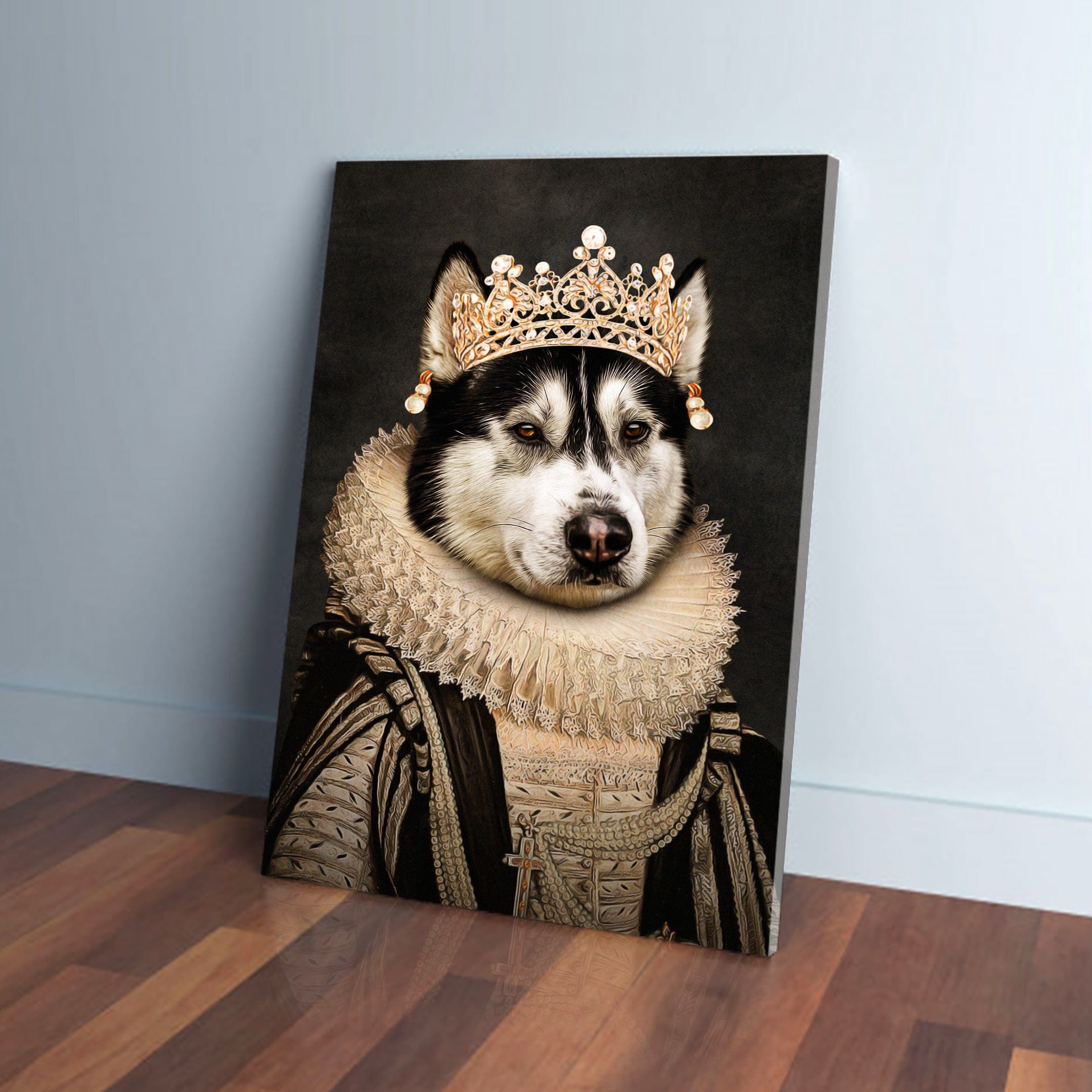 Personalized husky pet canvas in 'Lady of Pearls' royal attire with a gold crown and ruffled collar.