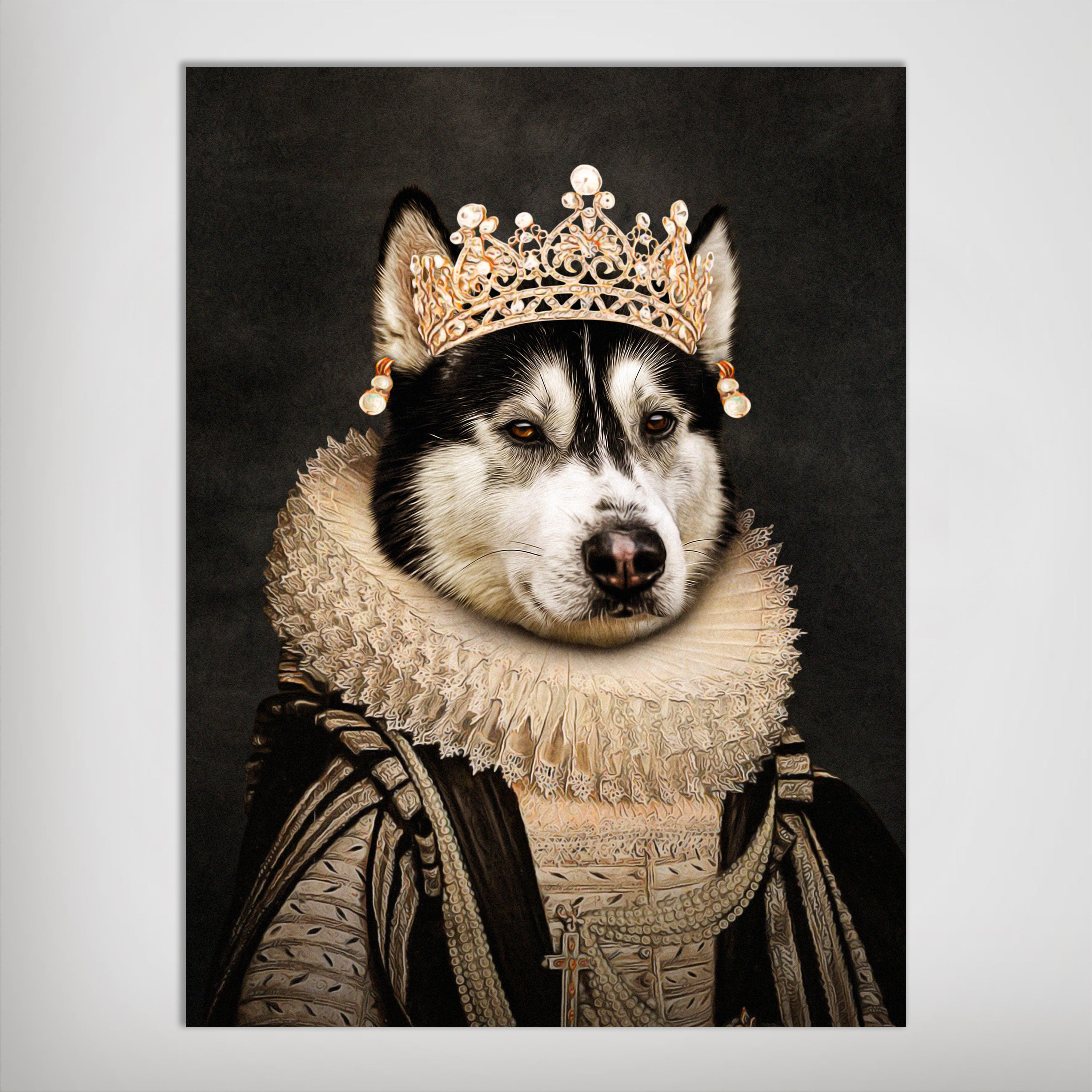 Personalized pet poster featuring a husky in a regal, pearl-adorned gown and golden crown with a matte finish.