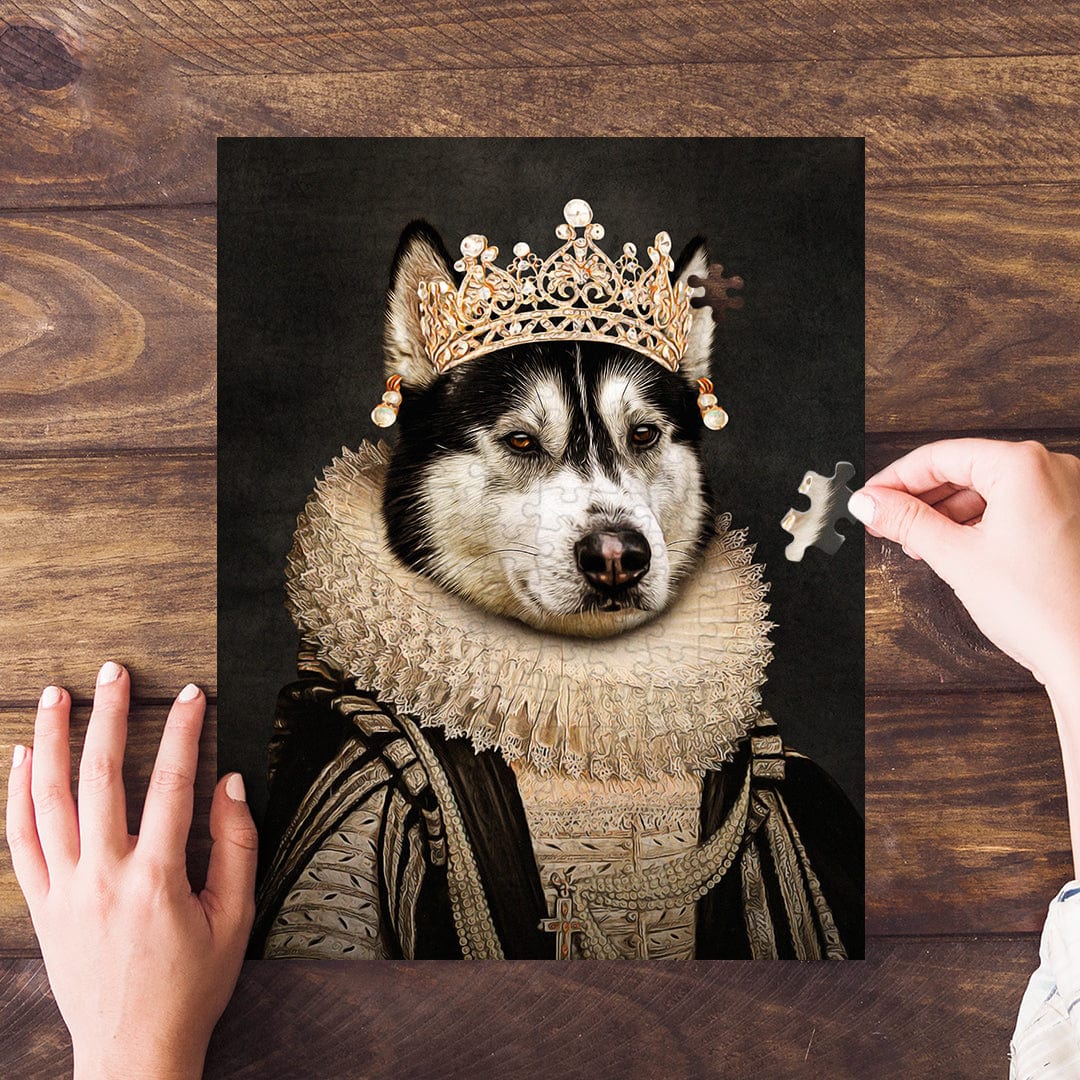 Personalized pet puzzle featuring a husky in a renaissance royal portrait as the Lady of Pearls.