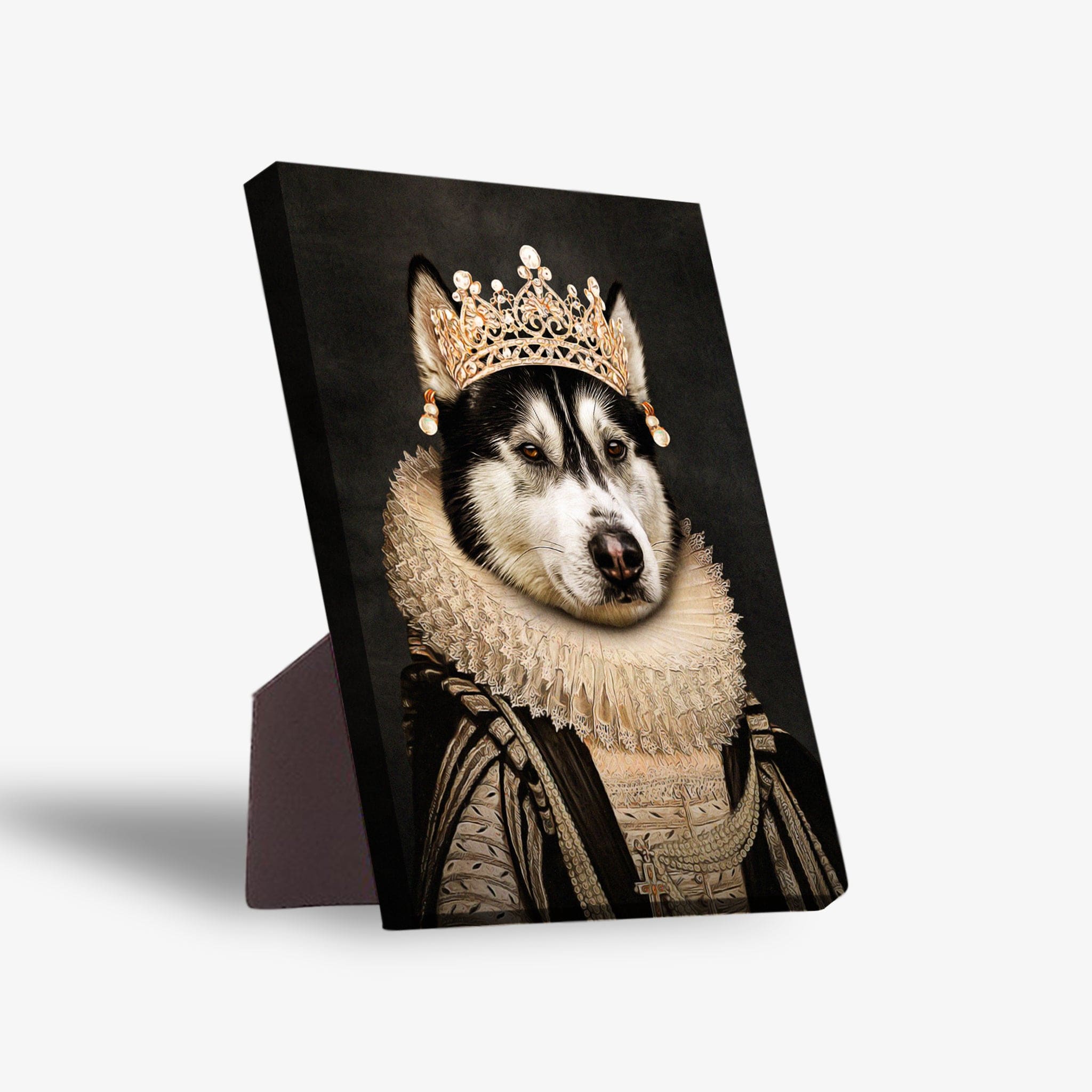 Personalized pet standing canvas featuring a husky in a regal "Lady of Pearls" portrait with a gold crown and ruffled collar.