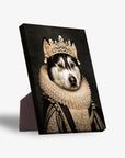Personalized pet standing canvas featuring a husky in a regal "Lady of Pearls" portrait with a gold crown and ruffled collar.