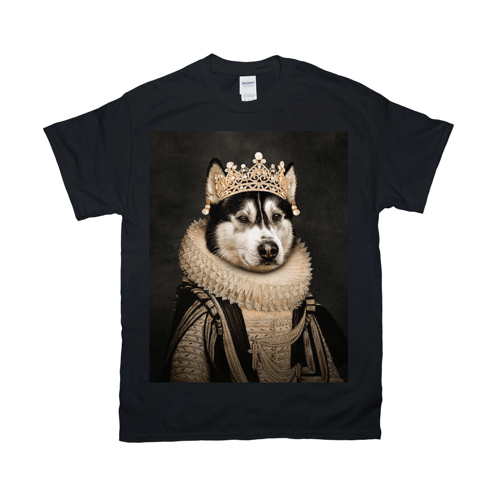 Black Gildan t-shirt with a personalized husky pet portrait in a Renaissance queen costume.