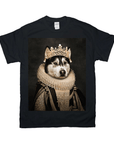 Black Gildan t-shirt with a personalized husky pet portrait in a Renaissance queen costume.