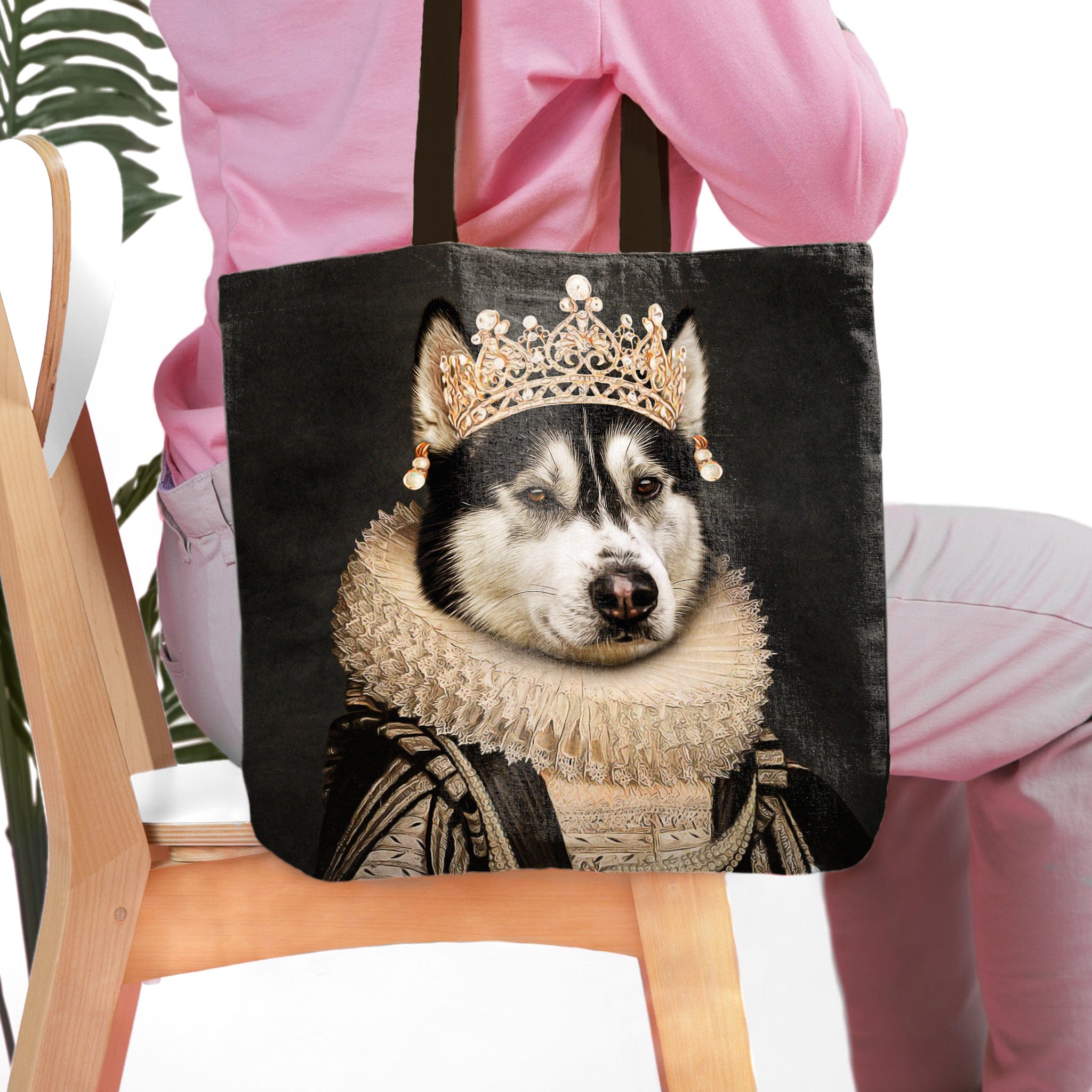 Personalized black tote bag with a custom royal renaissance portrait of a husky dog wearing a crown.