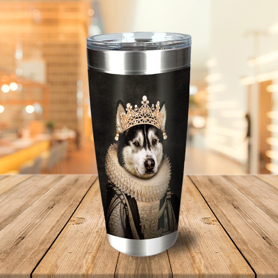 Personalized stainless steel tumbler with a royal renaissance portrait of a husky dog wearing a crown.