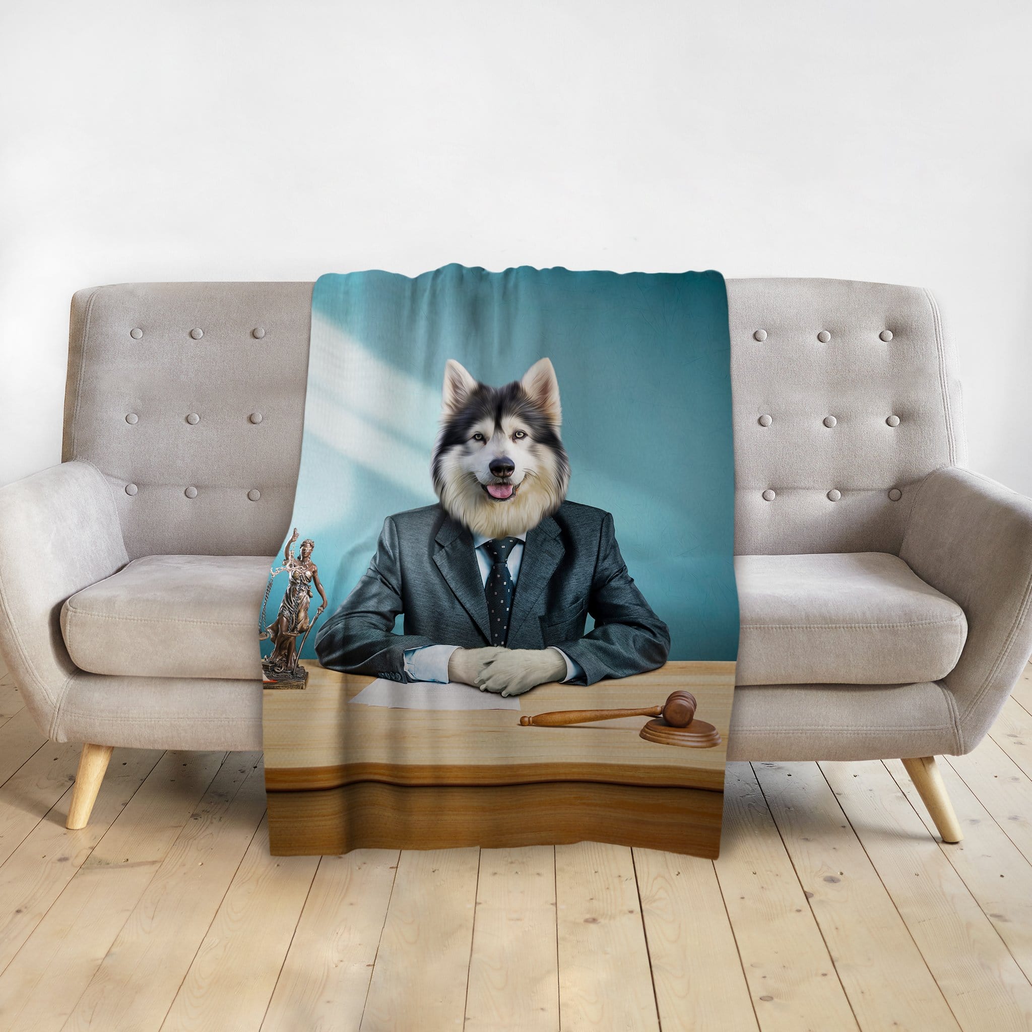 Custom pet blanket featuring a husky dog in a lawyer suit, sitting at a desk with a gavel and Lady Justice.