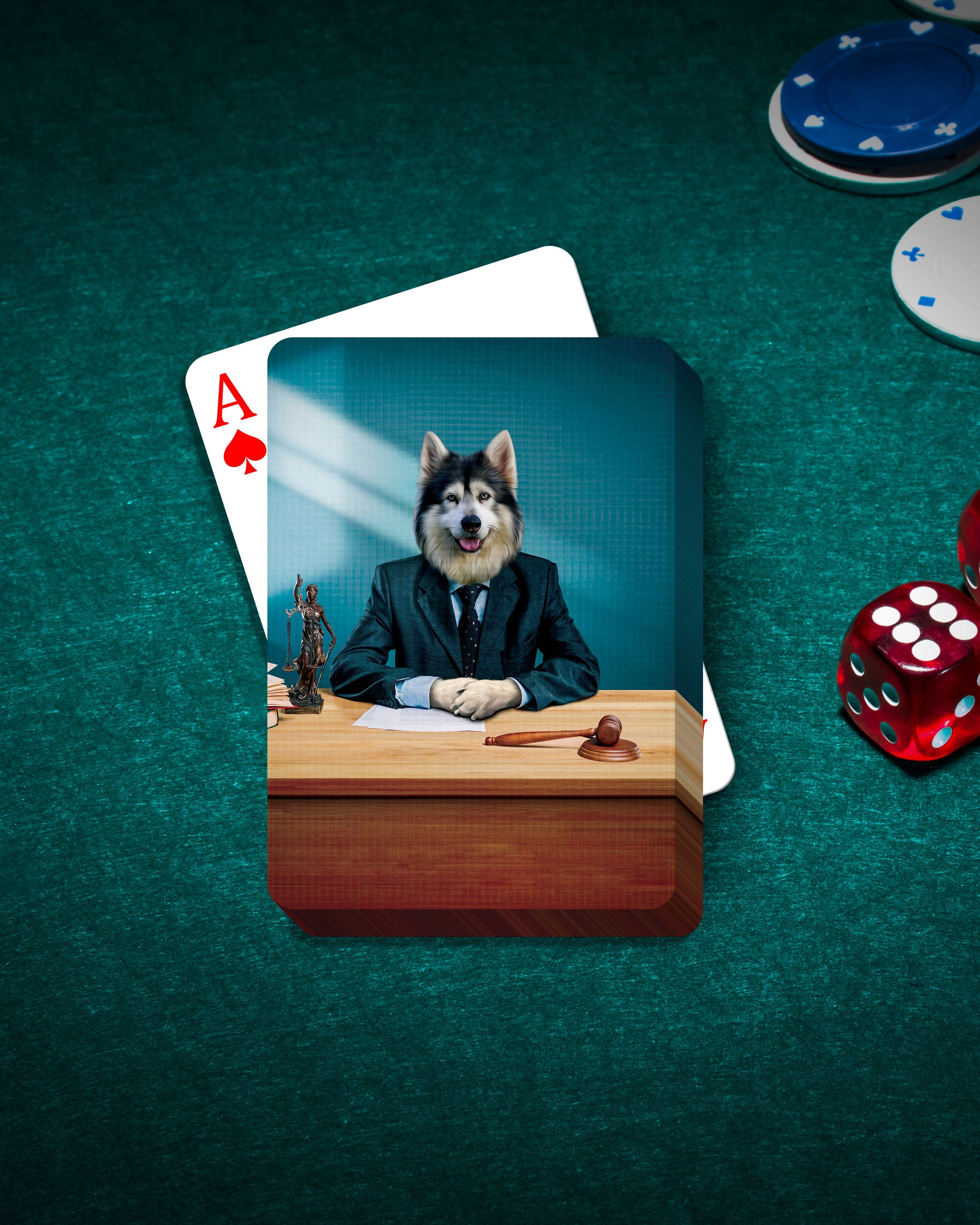 Personalized playing card featuring a husky dog in a lawyer suit at a desk, on a green poker table.