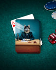 Personalized playing card featuring a husky dog in a lawyer suit at a desk, on a green poker table.