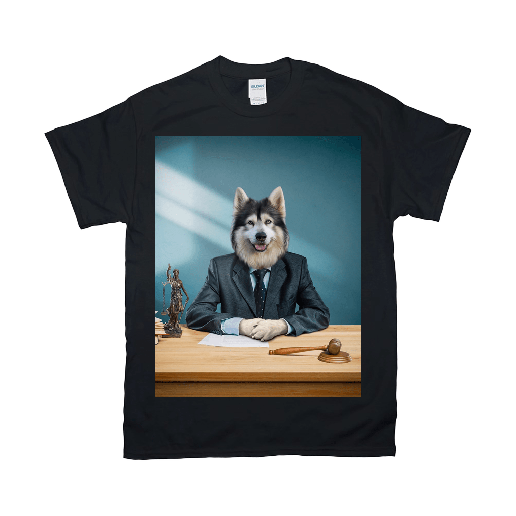 Black Gildan t-shirt with a husky in a suit as a lawyer at a desk.