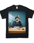 Black Gildan t-shirt with a husky in a suit as a lawyer at a desk.