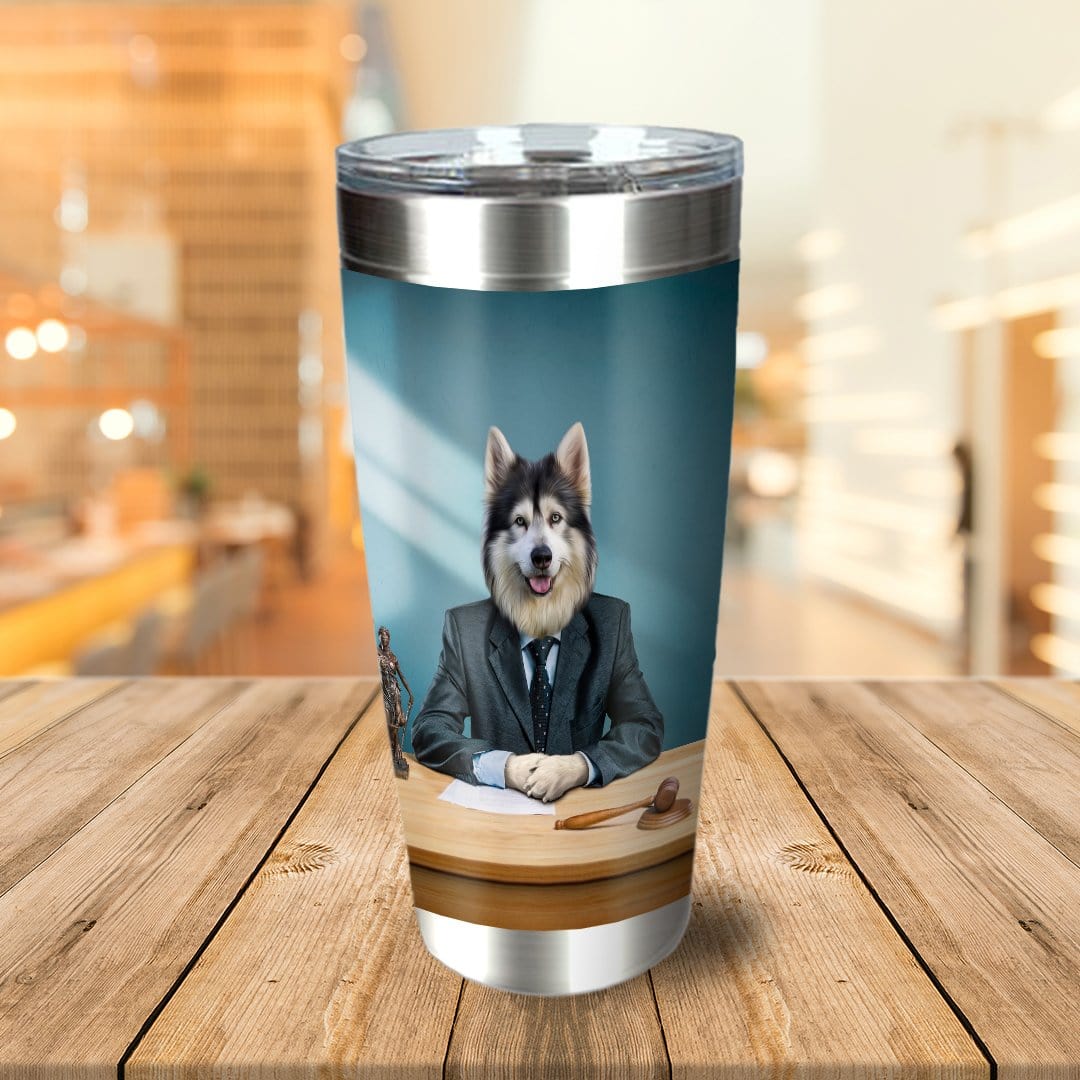 Personalized stainless steel tumbler with a custom dog lawyer portrait.