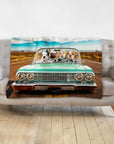 Personalized pet blanket with four dogs in a vintage teal convertible on a desert road.