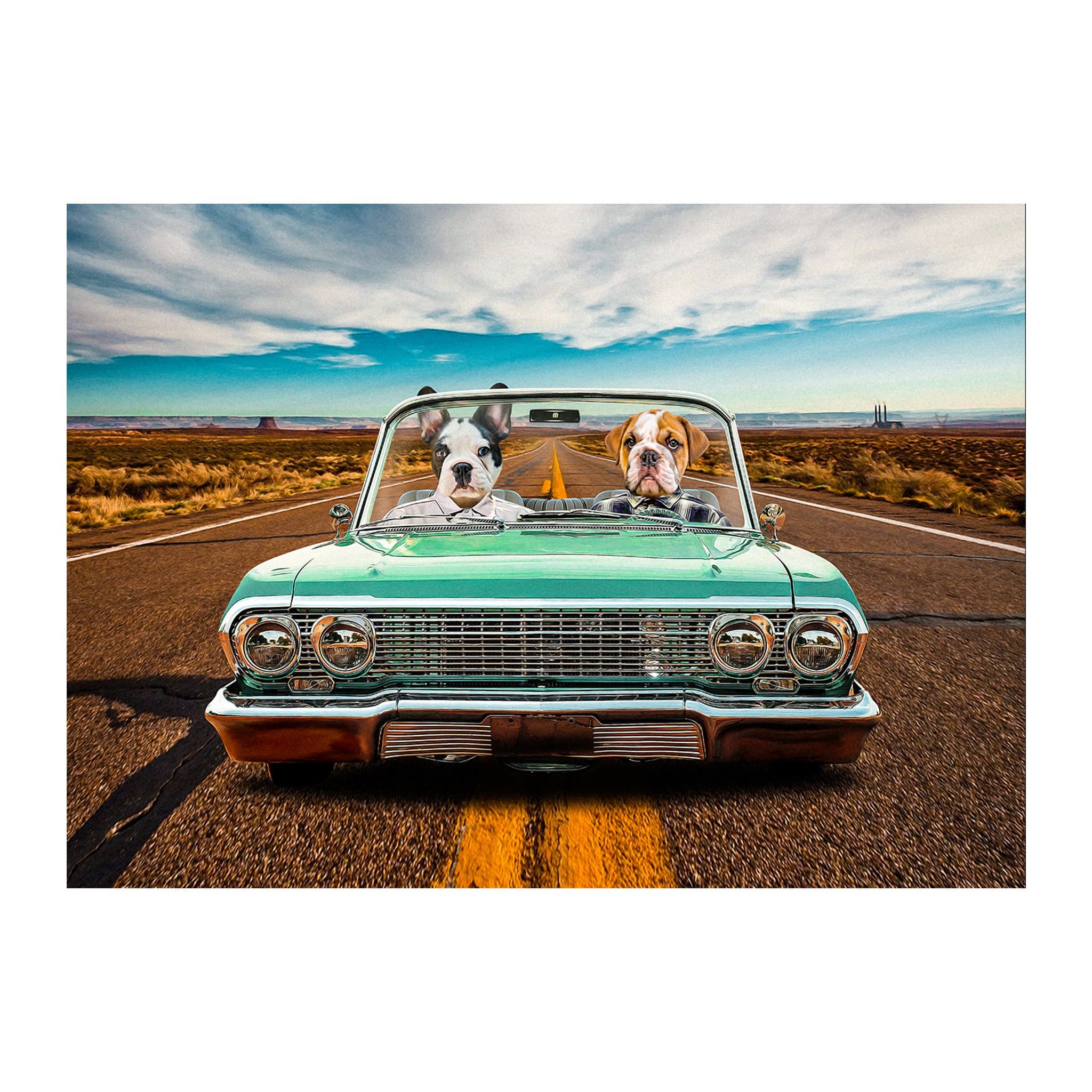 Custom digital portrait of two dogs in a vintage green lowrider car on a desert road.