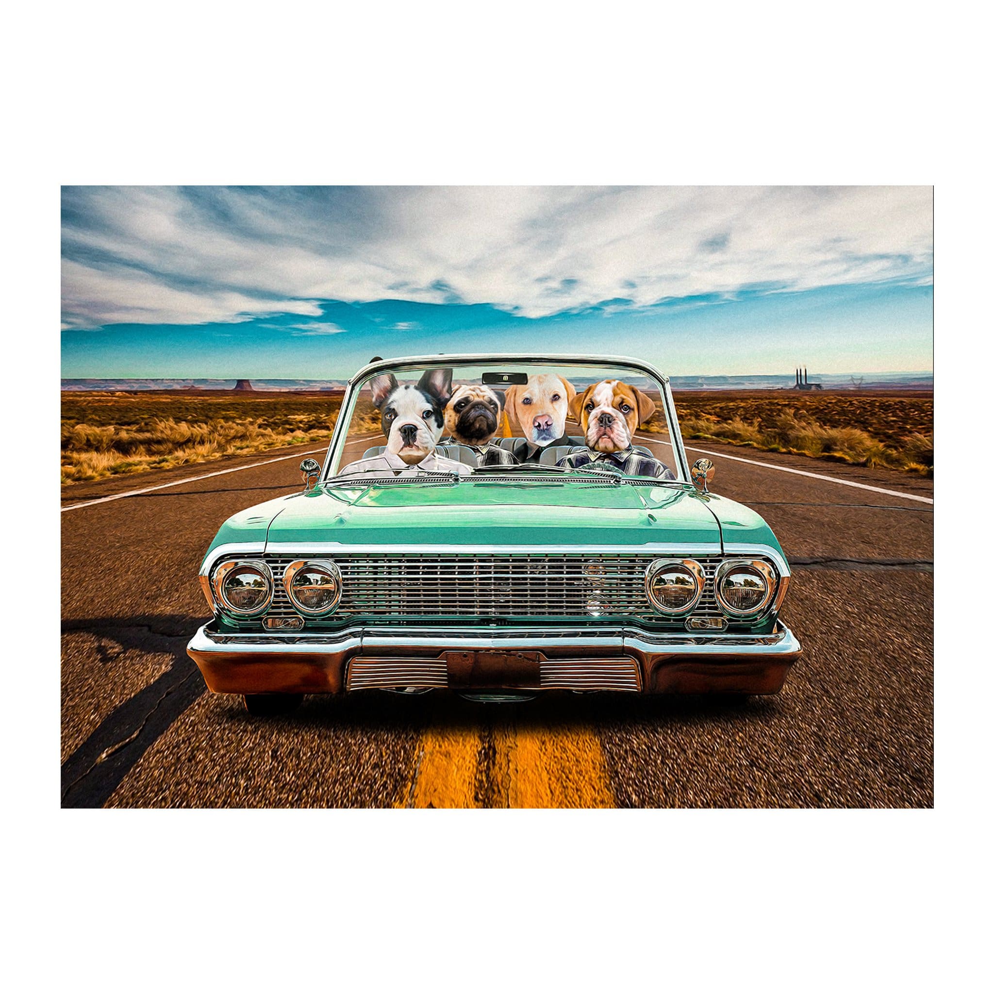 Custom digital portrait of four pets as dogs driving a vintage green lowrider car.