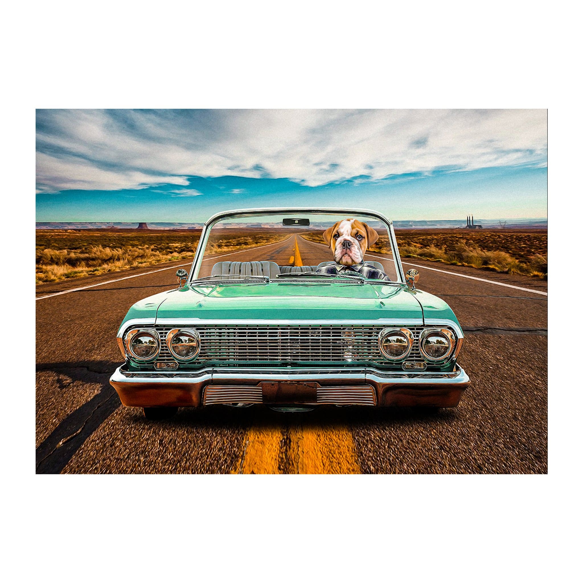 Personalized digital portrait of a bulldog driving a green vintage lowrider car on a desert road.