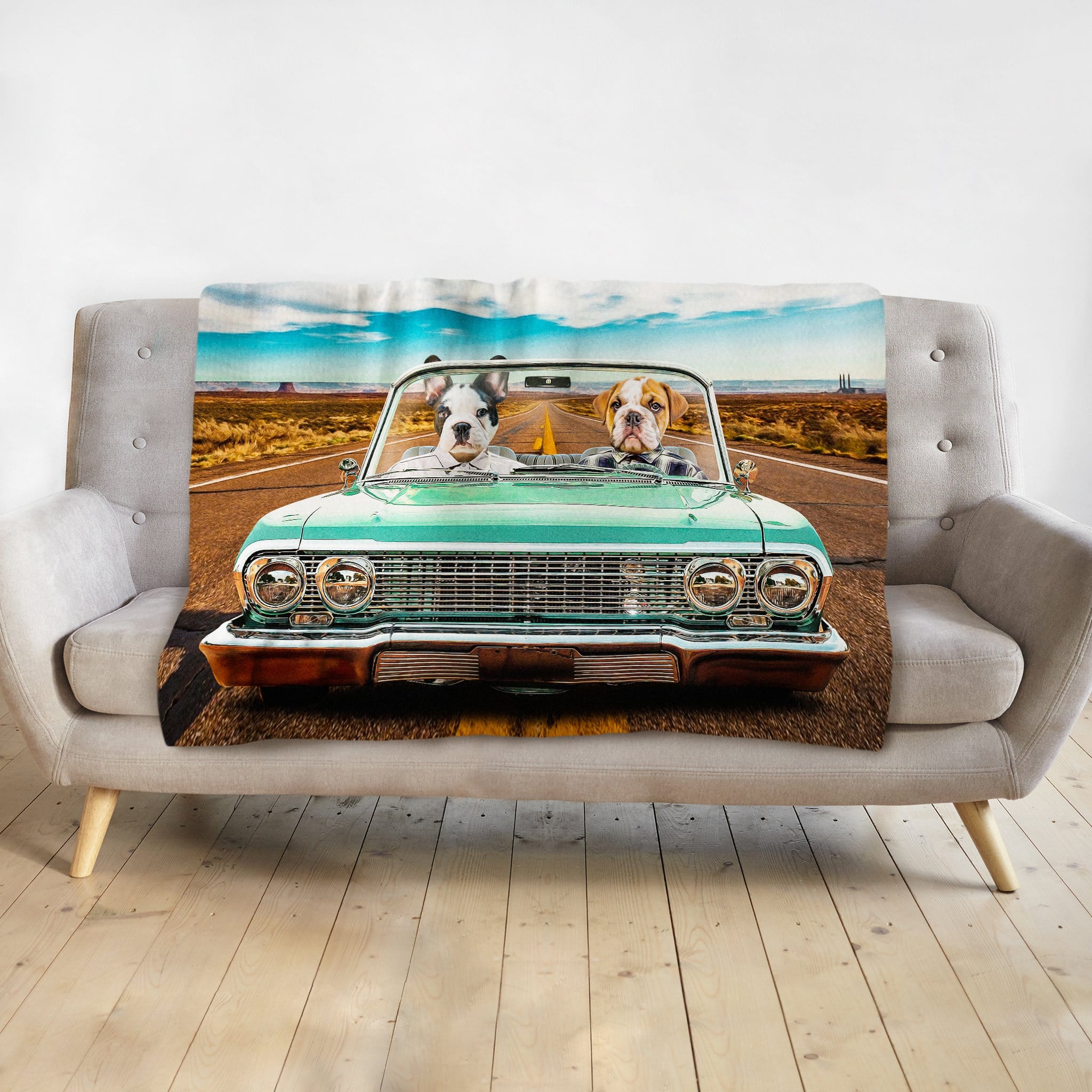 Personalized minky blanket with two dogs in a teal lowrider convertible on a desert road.