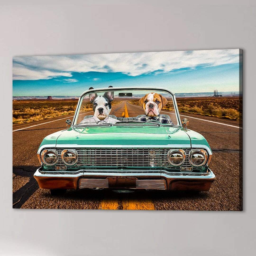 Two personalized pets, a French Bulldog and an English Bulldog, driving a vintage teal lowrider convertible on a desert road.