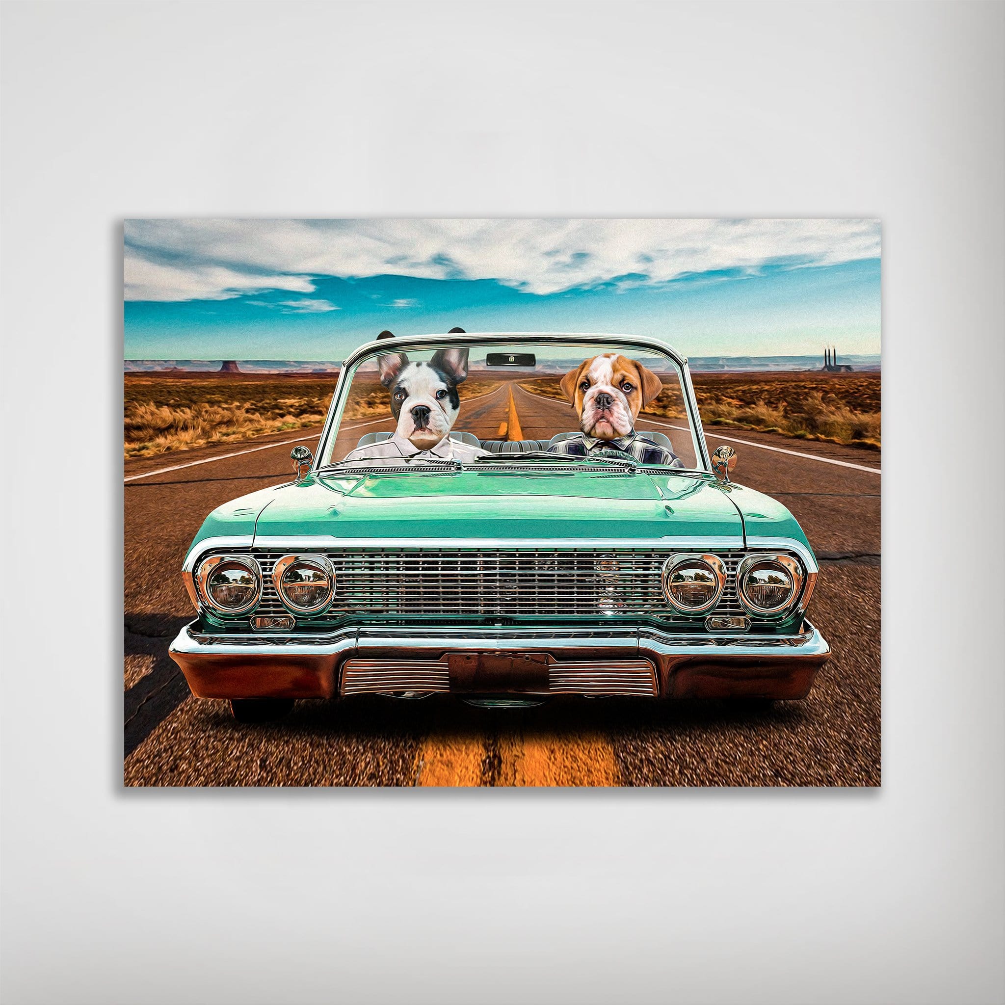 Personalized 'Lowrider' poster featuring two pets, a Boston Terrier and Bulldog, driving a teal vintage car.