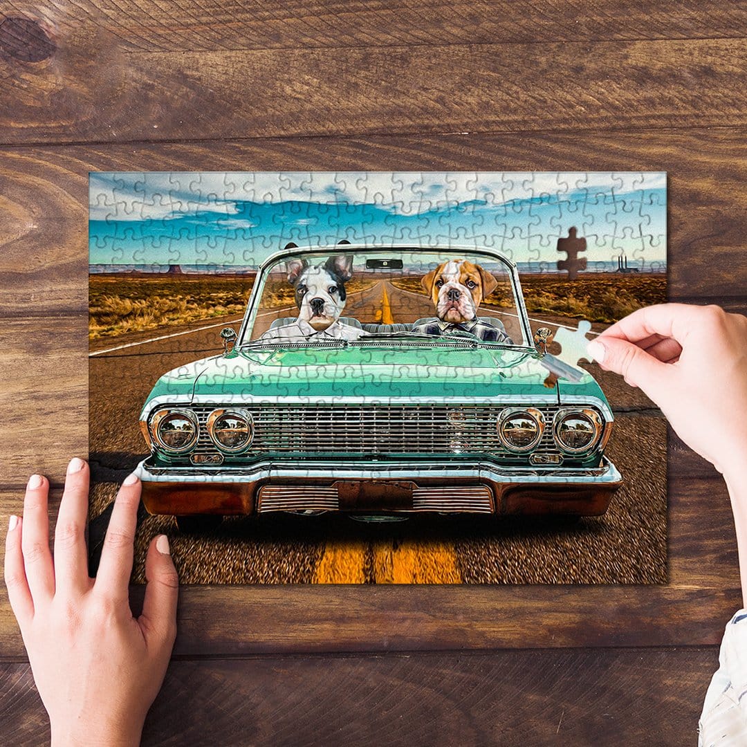 Personalized 2 pet puzzle featuring dogs in a vintage lowrider car, with hands assembling pieces.