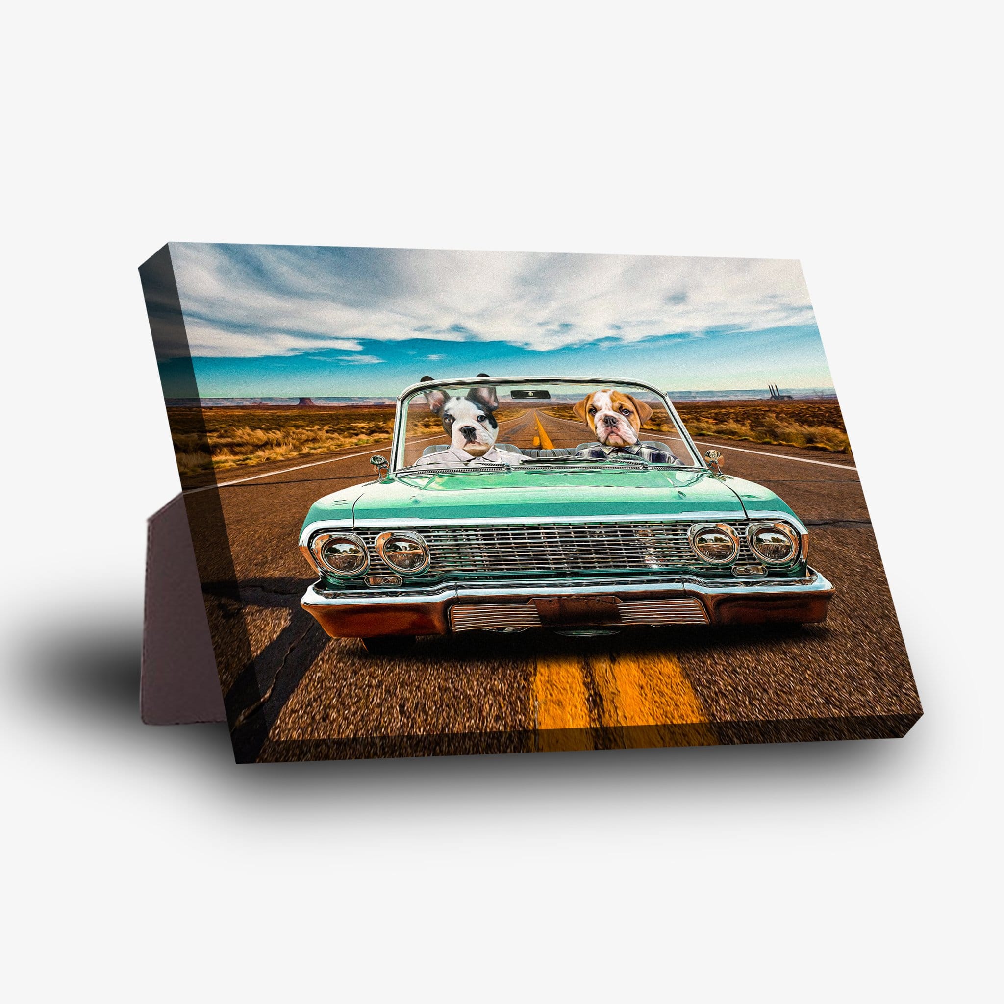 Personalized 2-pet standing canvas featuring a Boston Terrier and Bulldog in a teal vintage car on a desert road.