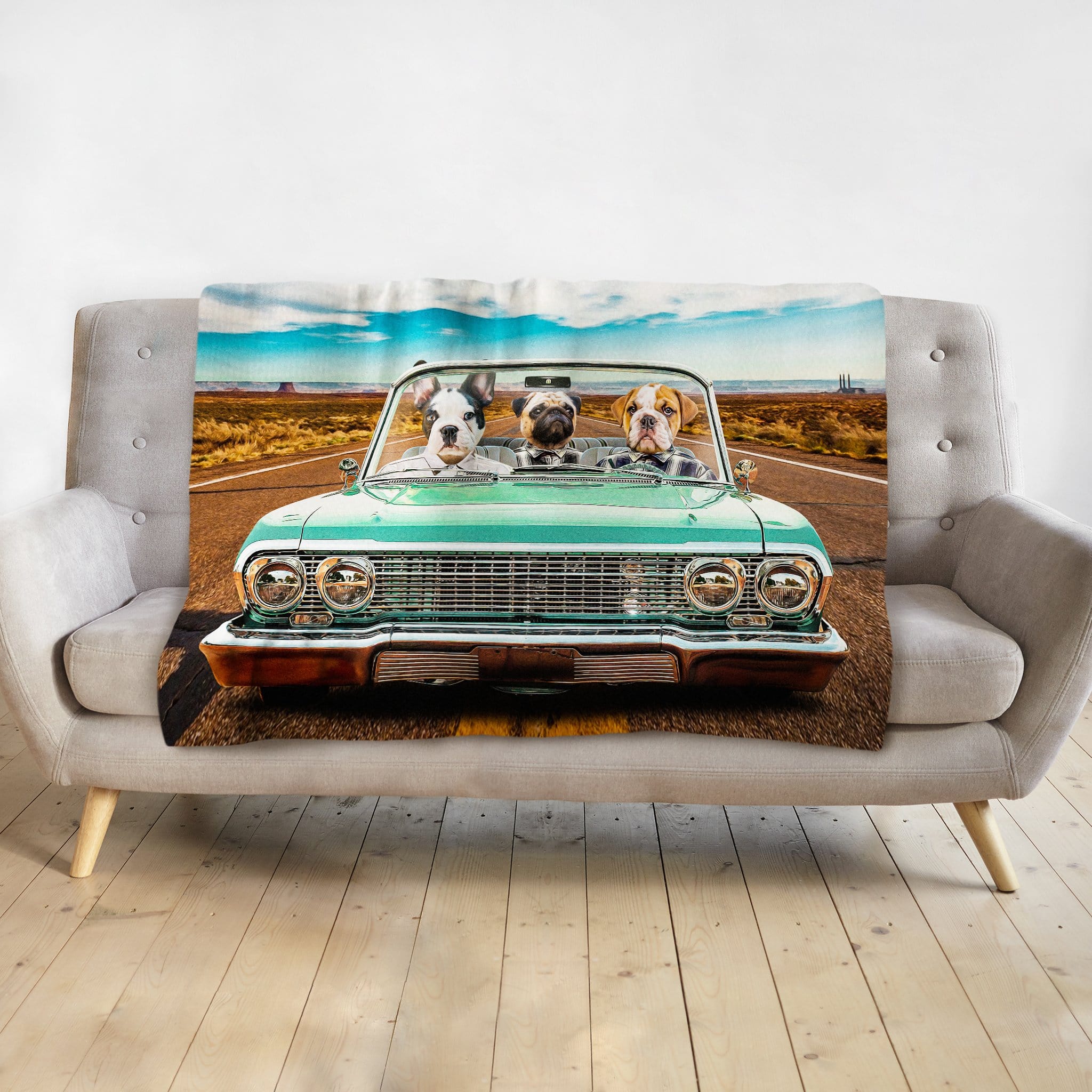 Personalized 3-pet blanket featuring dogs in a custom lowrider car portrait on a road trip.