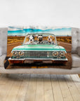 Personalized 3-pet blanket featuring dogs in a custom lowrider car portrait on a road trip.