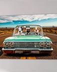 Personalized 'Lowrider' canvas featuring three pets in a vintage green convertible on a desert road.