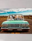 Personalized 'Lowrider' canvas featuring four pets in a vintage green convertible on a desert road.
