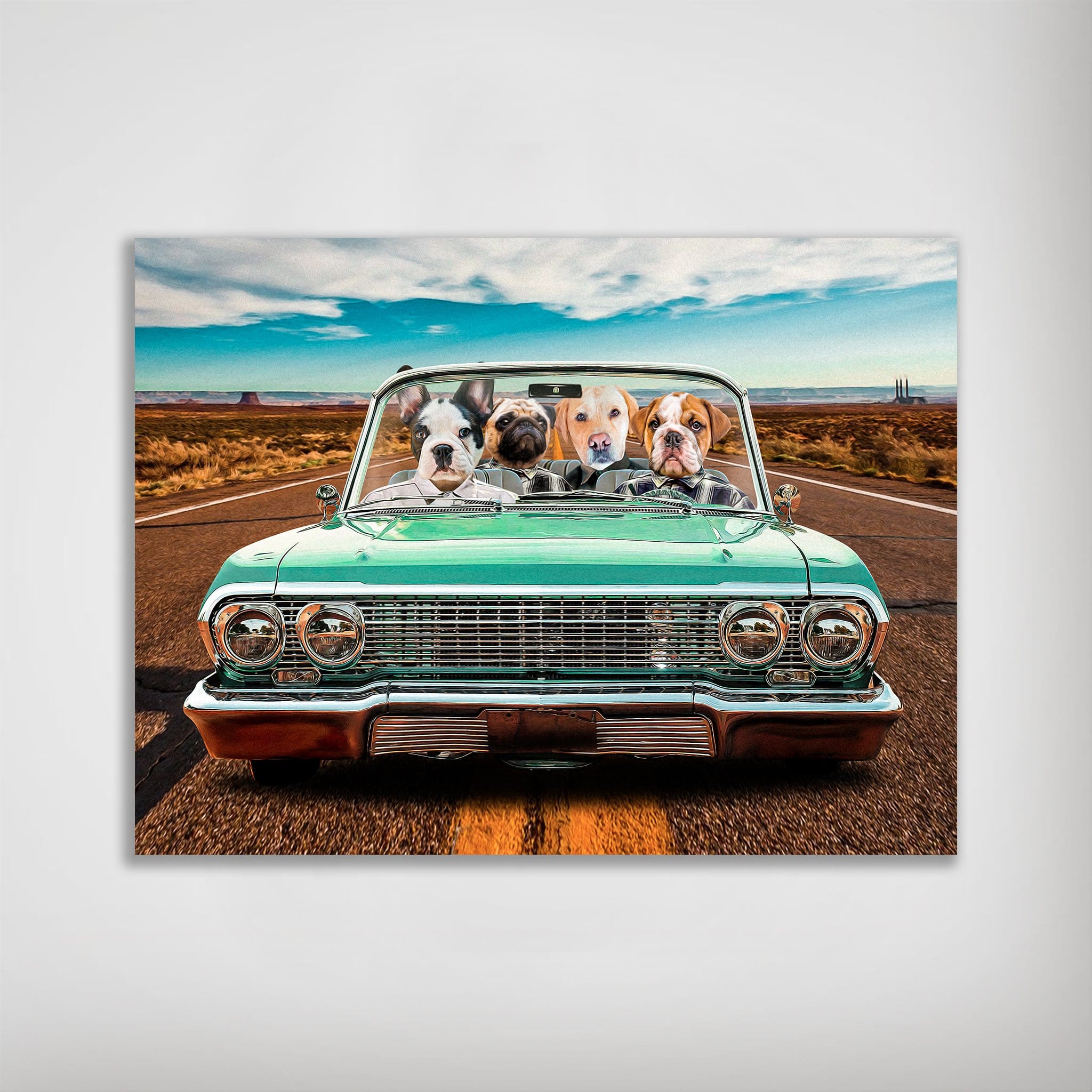 Personalized 'Lowrider' poster featuring four pets in a teal vintage car on a desert road.