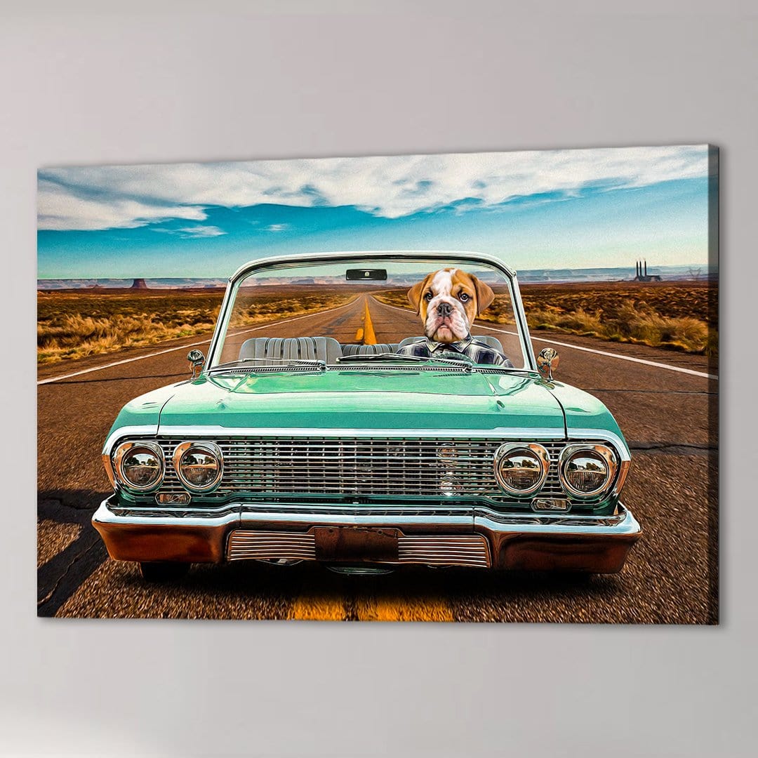 Personalized pet canvas featuring a bulldog driving a vintage teal lowrider convertible on a desert road.
