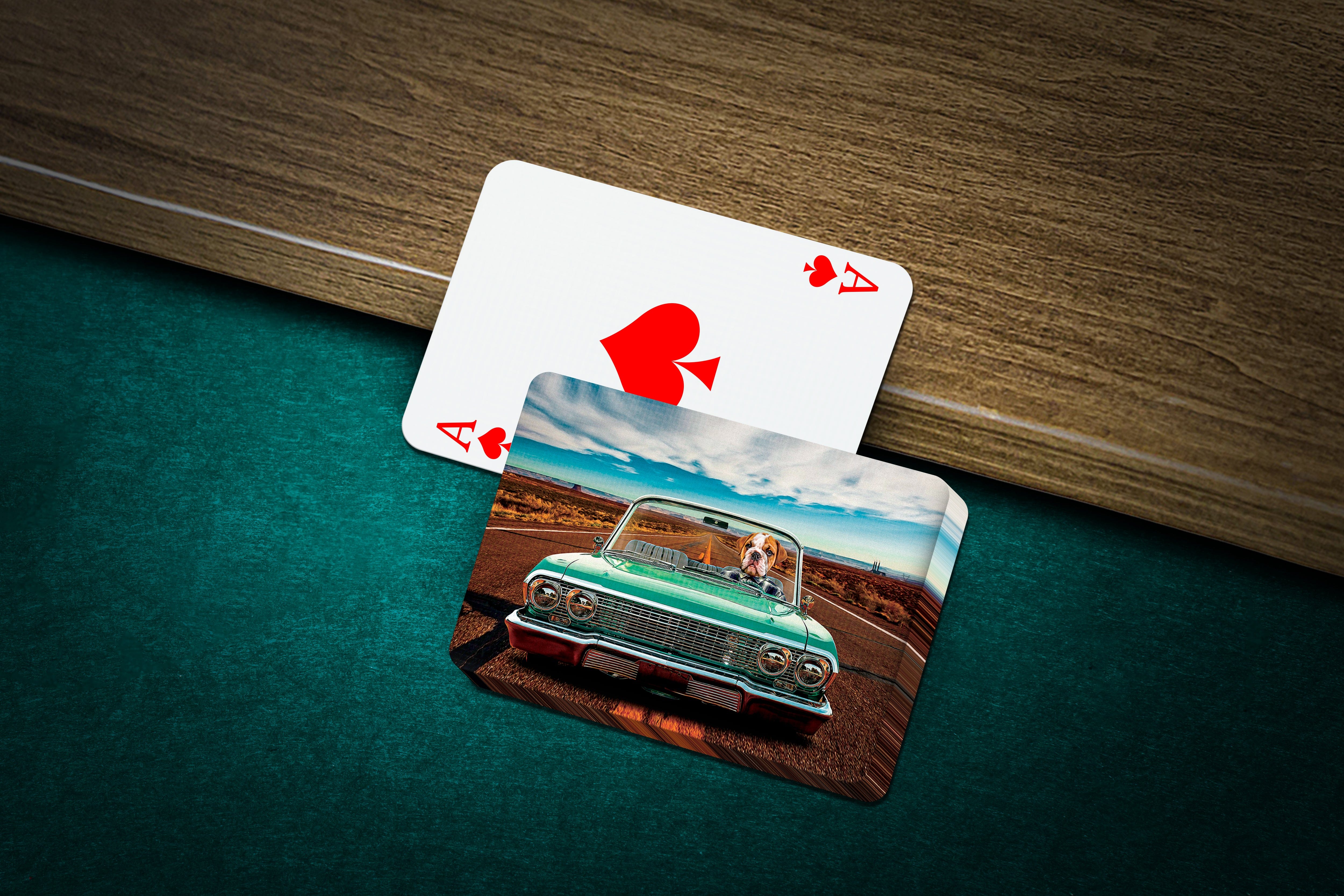 Personalized pet playing cards featuring a dog in a 'Lowrider' car design.