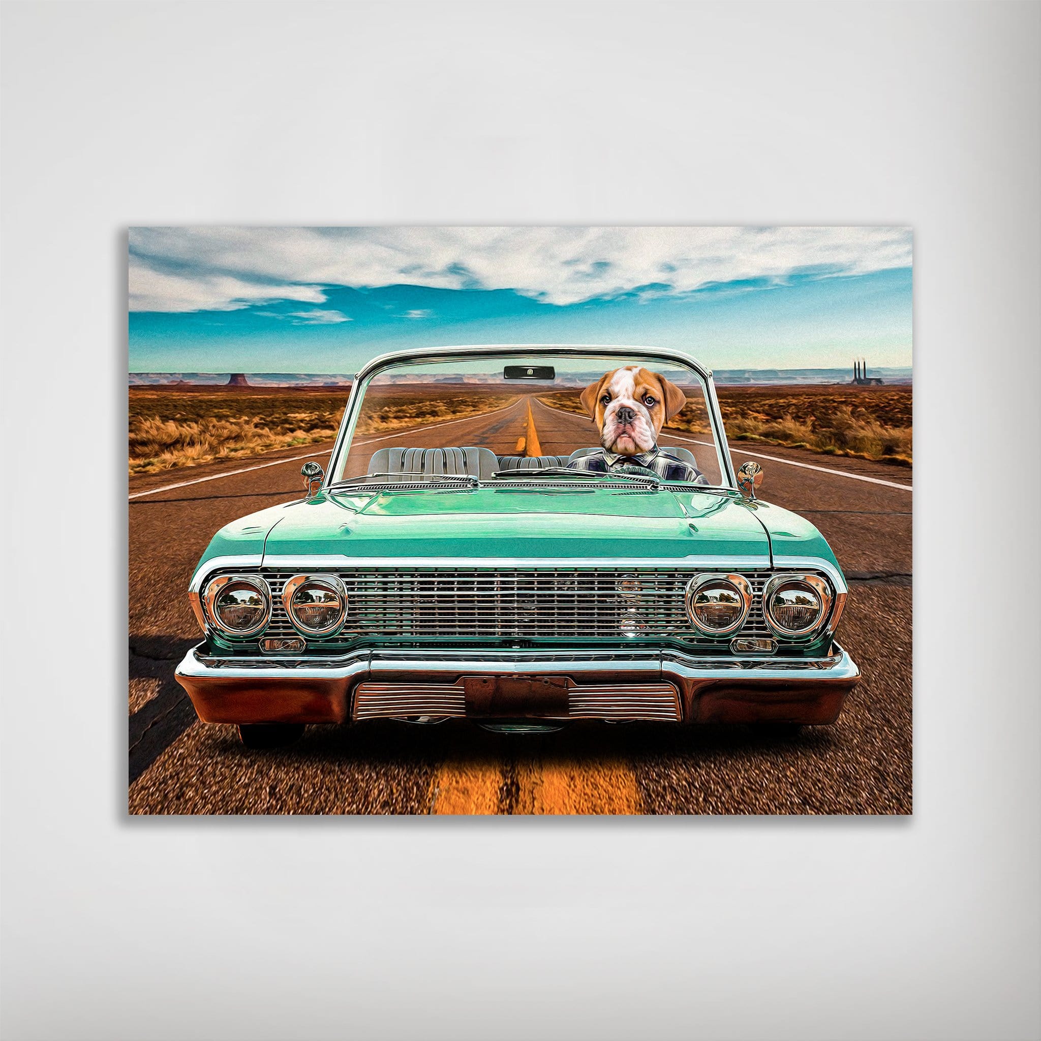 Personalized pet poster featuring a bulldog driving a teal vintage lowrider convertible on a desert road.