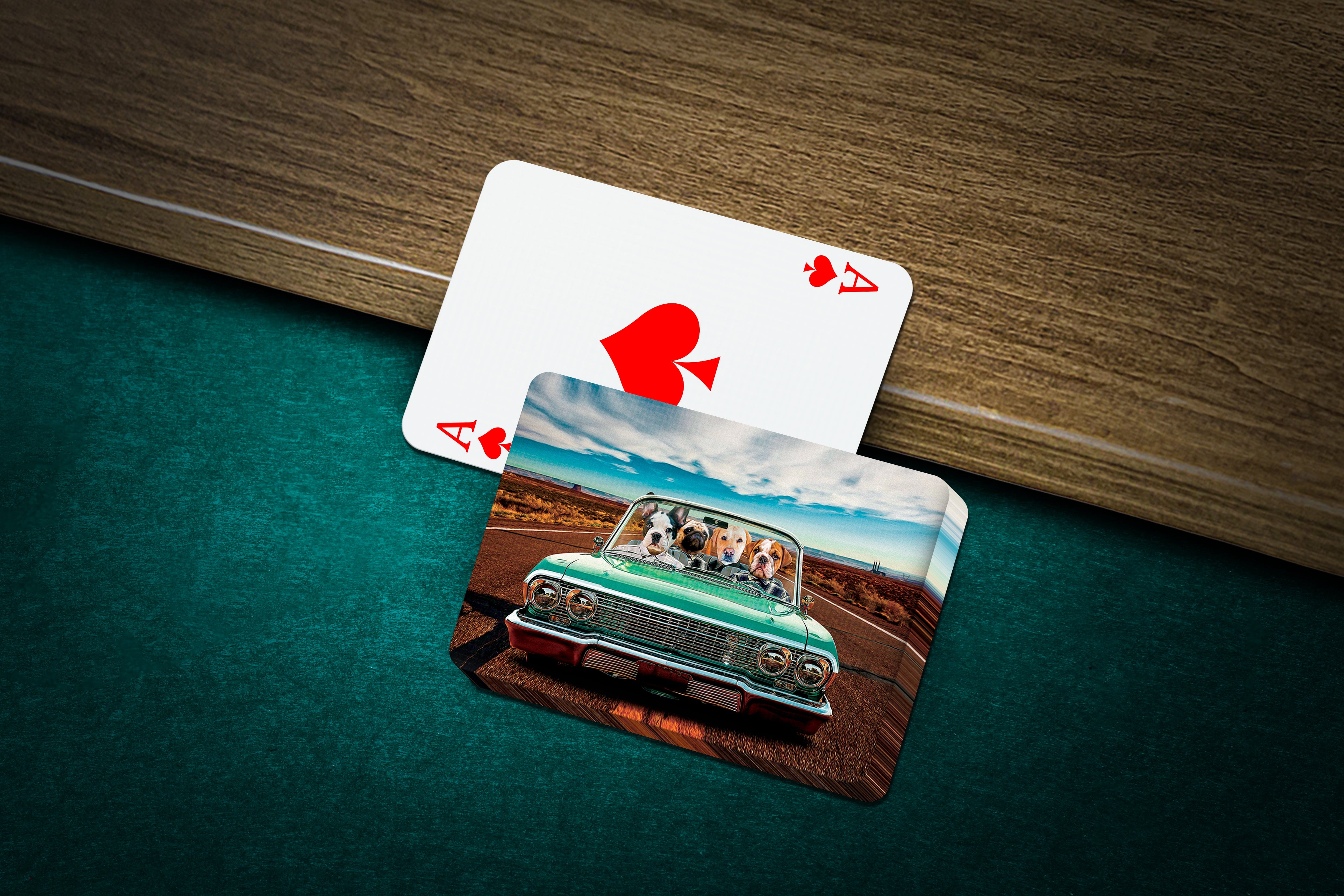 Personalized playing cards featuring four pets in a green lowrider car, with an Ace of Spades card.