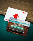 Personalized playing cards featuring four pets in a green lowrider car, with an Ace of Spades card.