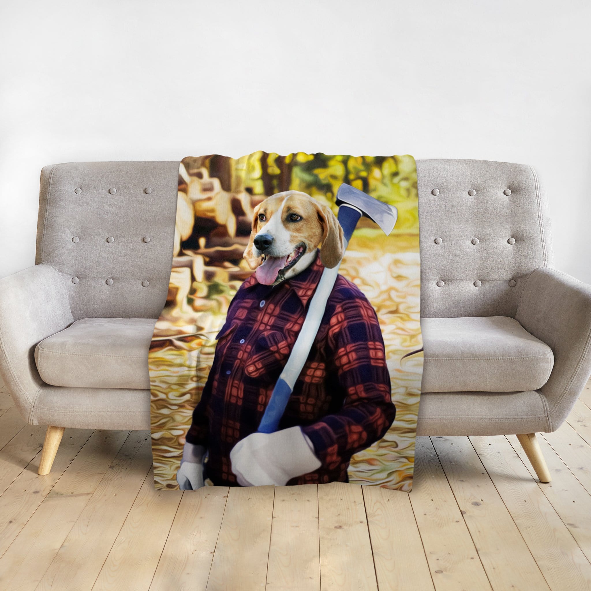 Personalized pet blanket with a beagle's head on a lumberjack body holding an axe.
