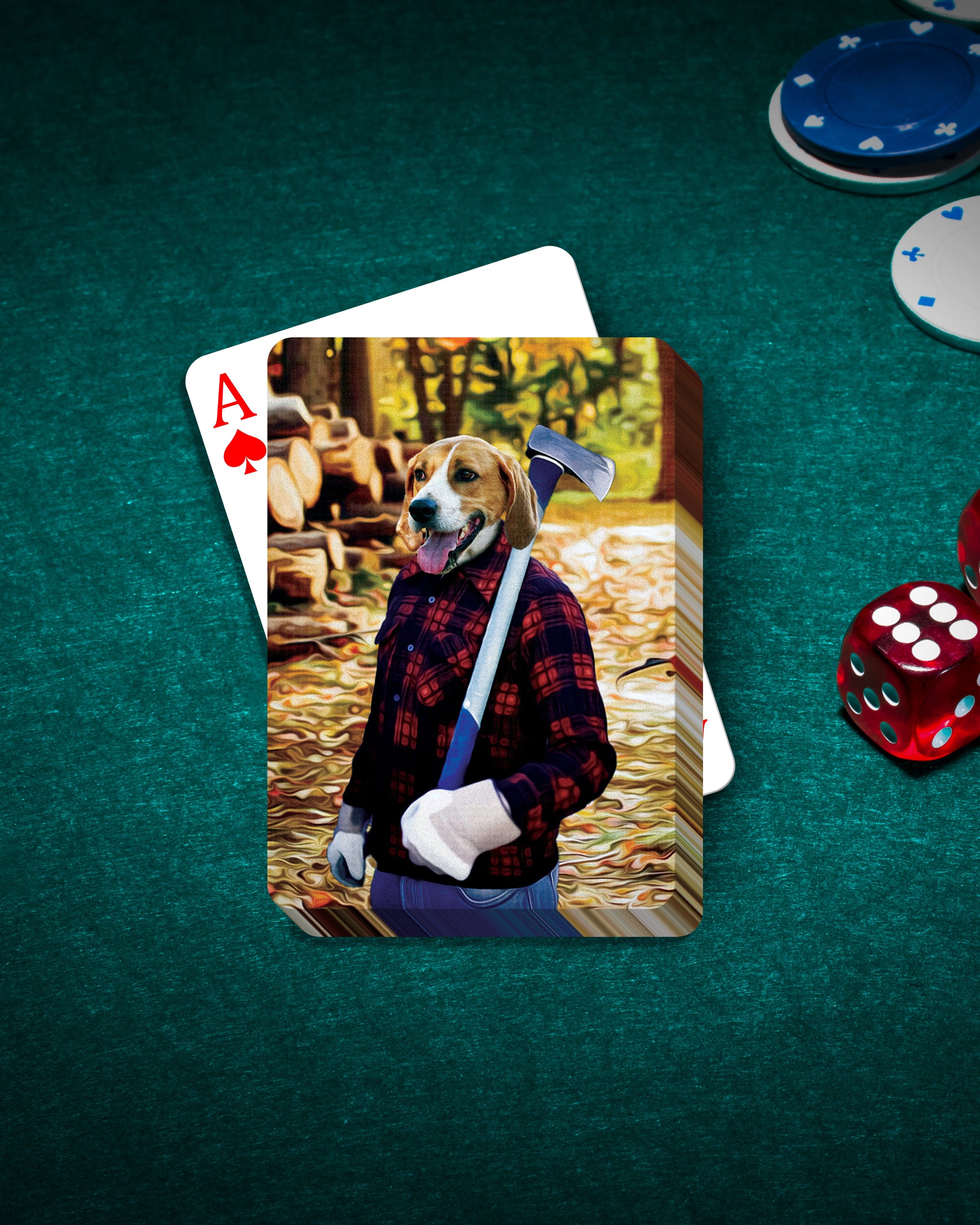 Personalized playing card featuring a beagle dog in a lumberjack outfit, holding an axe.