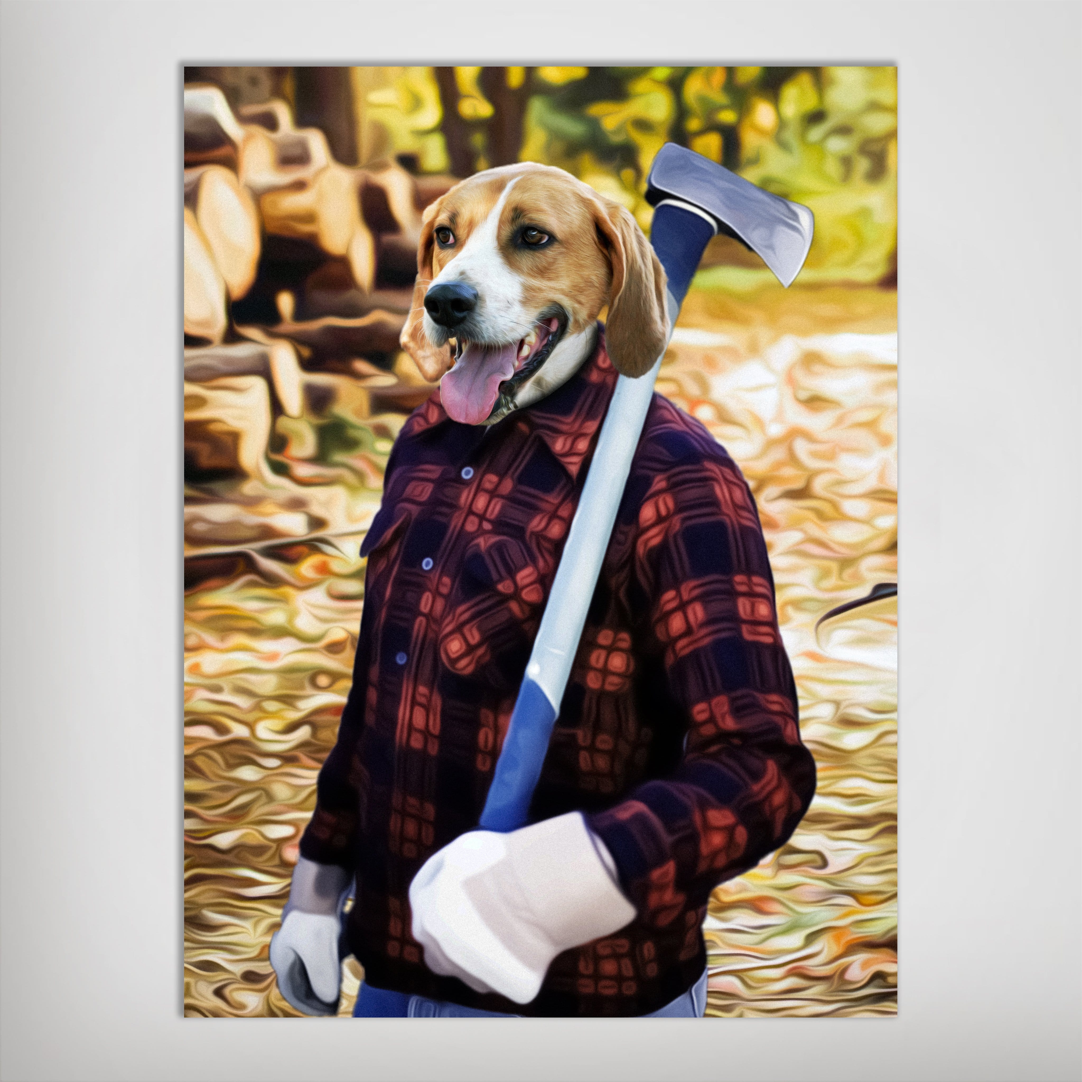 Personalized 'Lumberjack' pet poster featuring a beagle in a red plaid shirt, holding an axe.