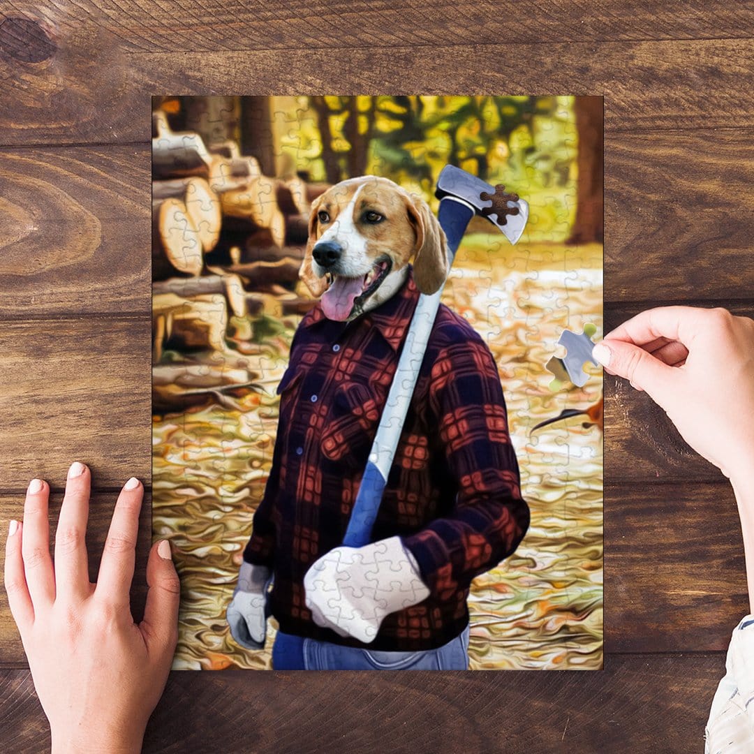 Personalized pet puzzle featuring a beagle dog in a lumberjack outfit holding an axe.