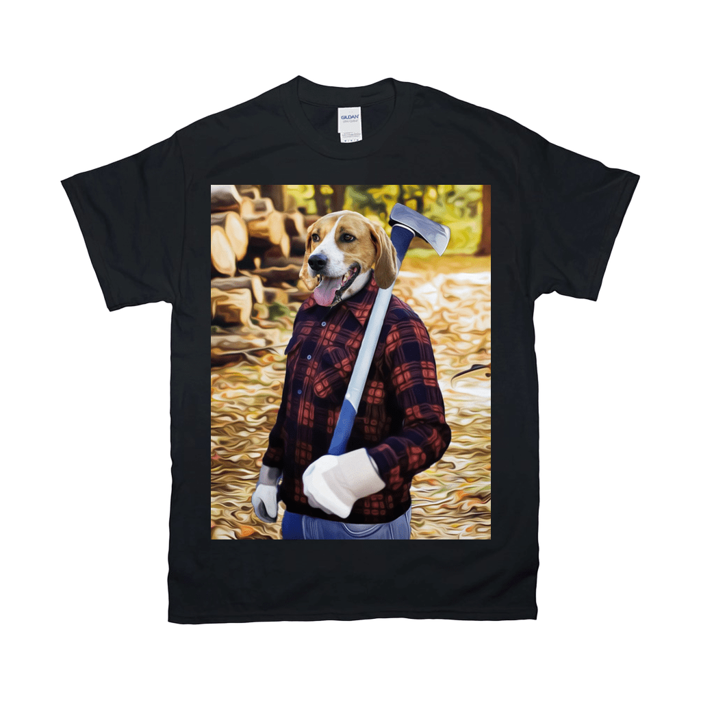 Black Gildan t-shirt with a personalized beagle dog in a red plaid lumberjack shirt holding an axe.