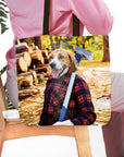 Personalized tote bag with a beagle pet portrait in a lumberjack shirt holding an axe.