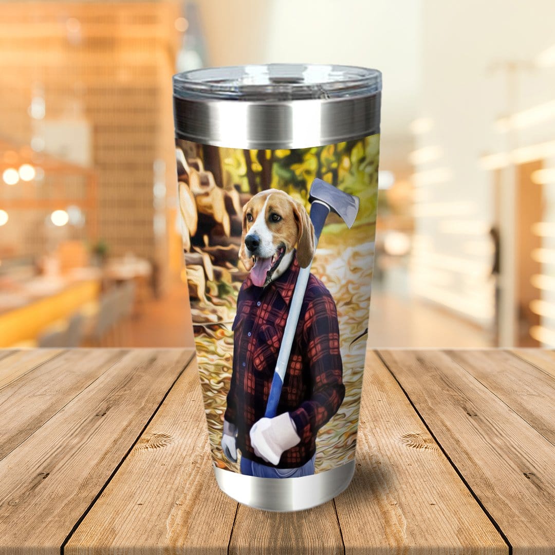 Personalized stainless steel tumbler with a Beagle pet portrait dressed as a lumberjack holding an axe.
