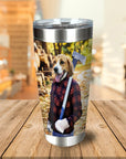 Personalized stainless steel tumbler with a Beagle pet portrait dressed as a lumberjack holding an axe.