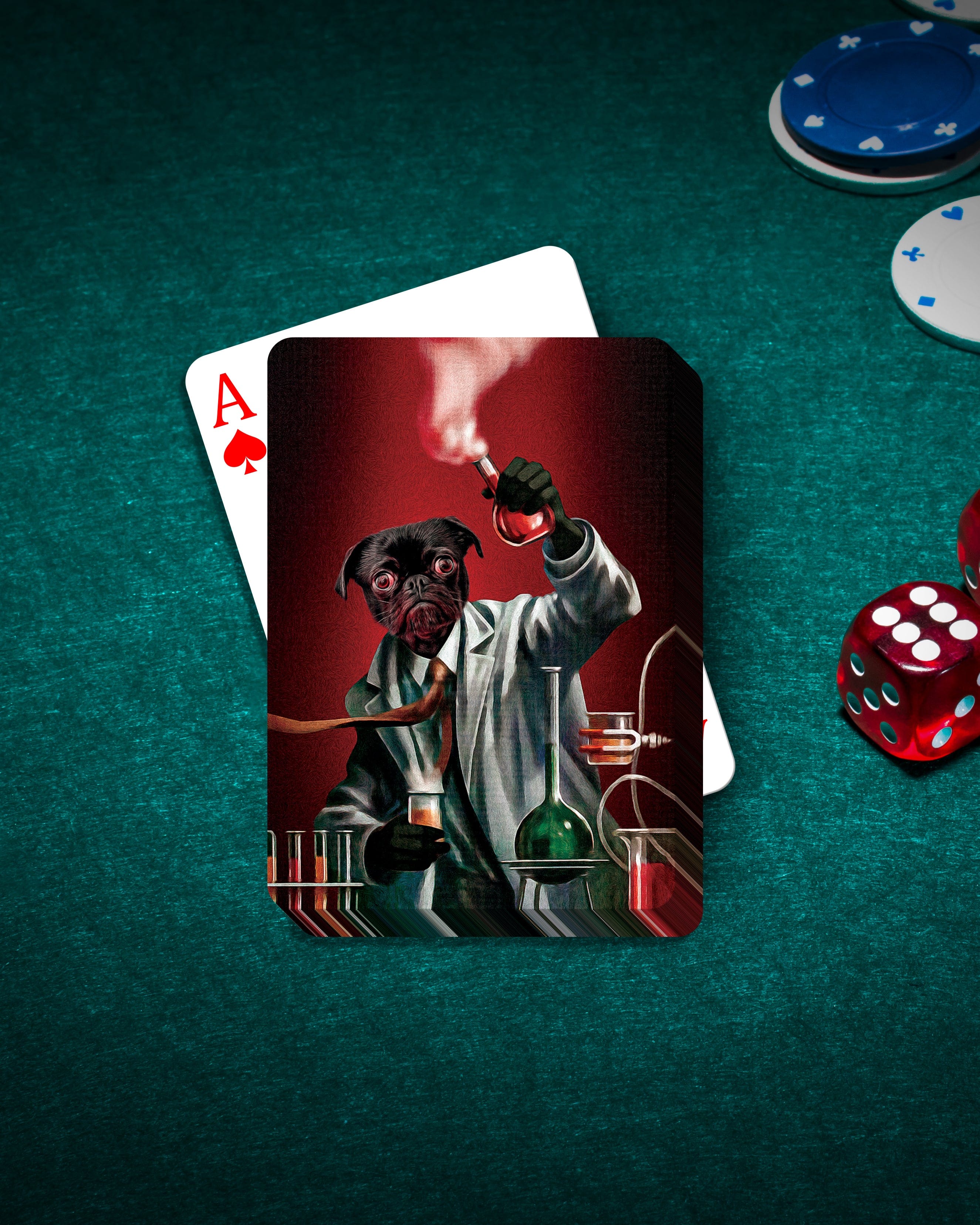 Custom pet playing card featuring a black pug in a mad scientist portrait style, on a green felt table with poker chips and dice.