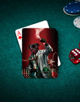 Custom pet playing card featuring a black pug in a mad scientist portrait style, on a green felt table with poker chips and dice.