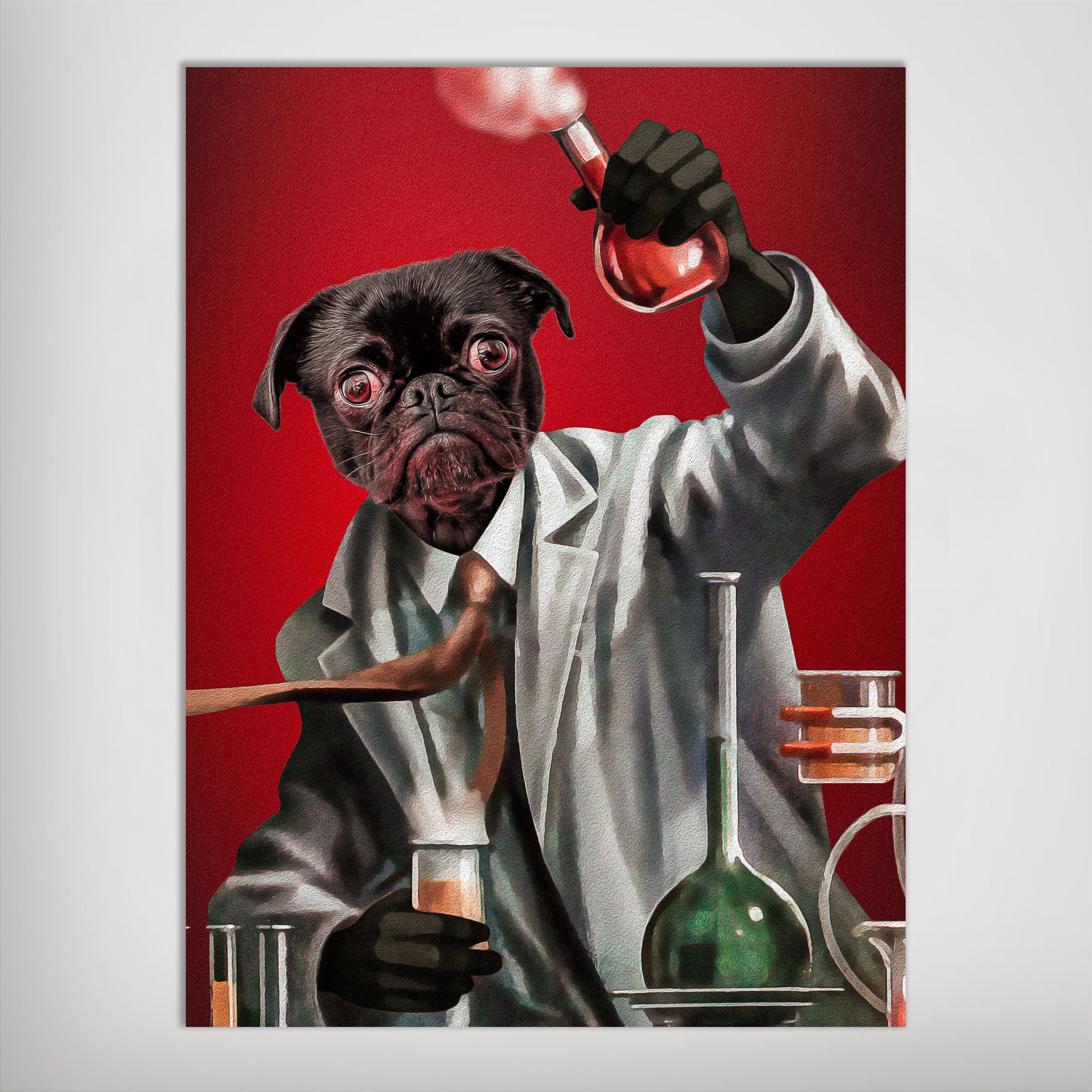 Personalized 'Mad Scientist' pet poster featuring a black pug in a lab coat, holding a bubbling flask.