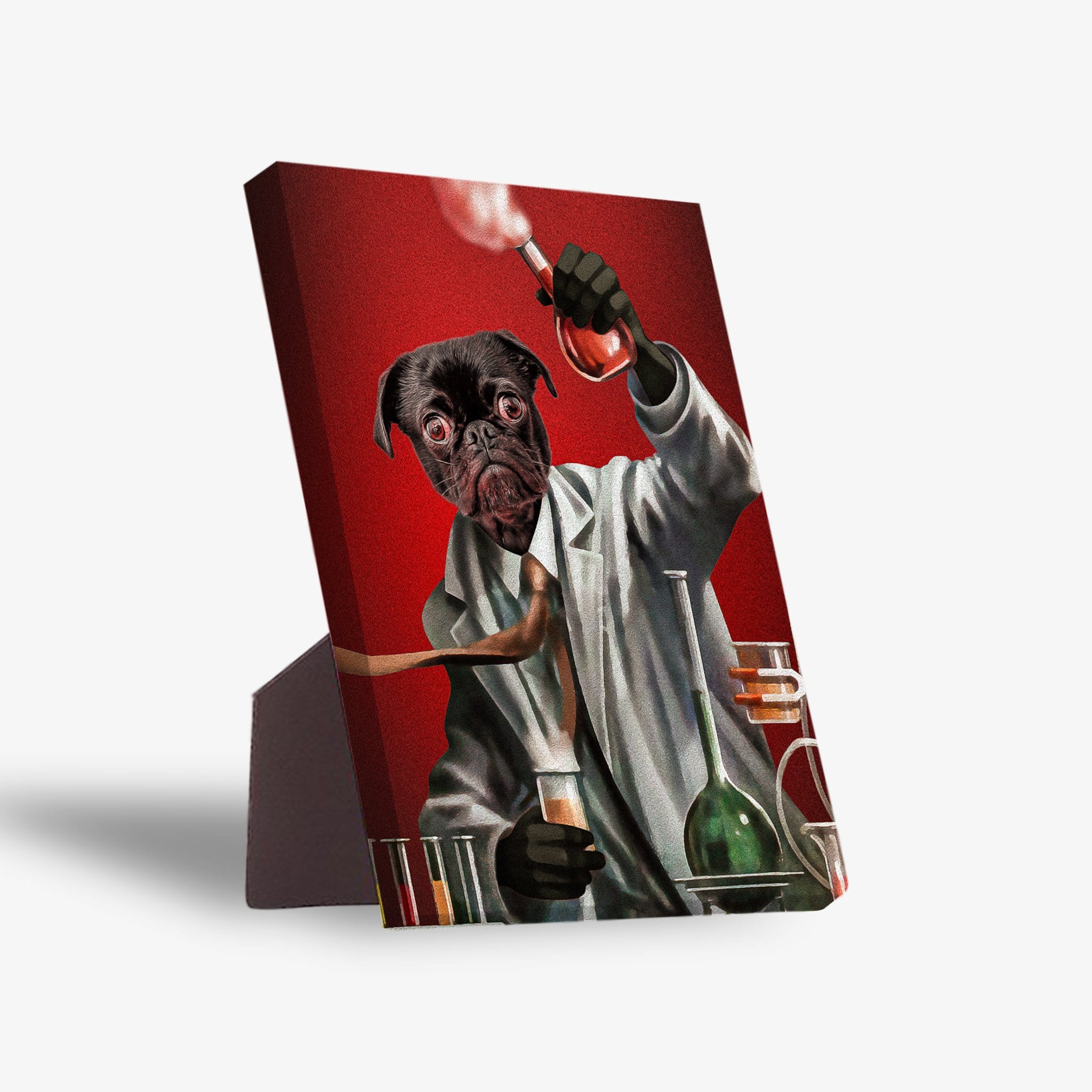 Personalized pet standing canvas featuring a black pug as a mad scientist in a lab coat, holding a smoking beaker against a red background.